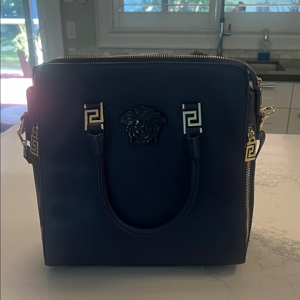 Versace Navy Handbag with Gold Details